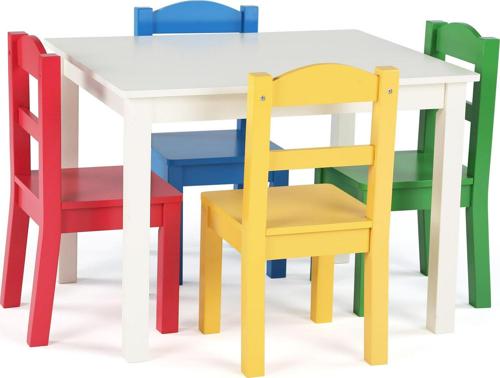 Humble Crew Summit Collection Kids Wood Table and 4 Chairs Set, White and Primary