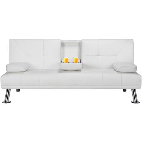 LuxuryGoods Modern Faux Leather Futon with Cupholders and Pillows, White