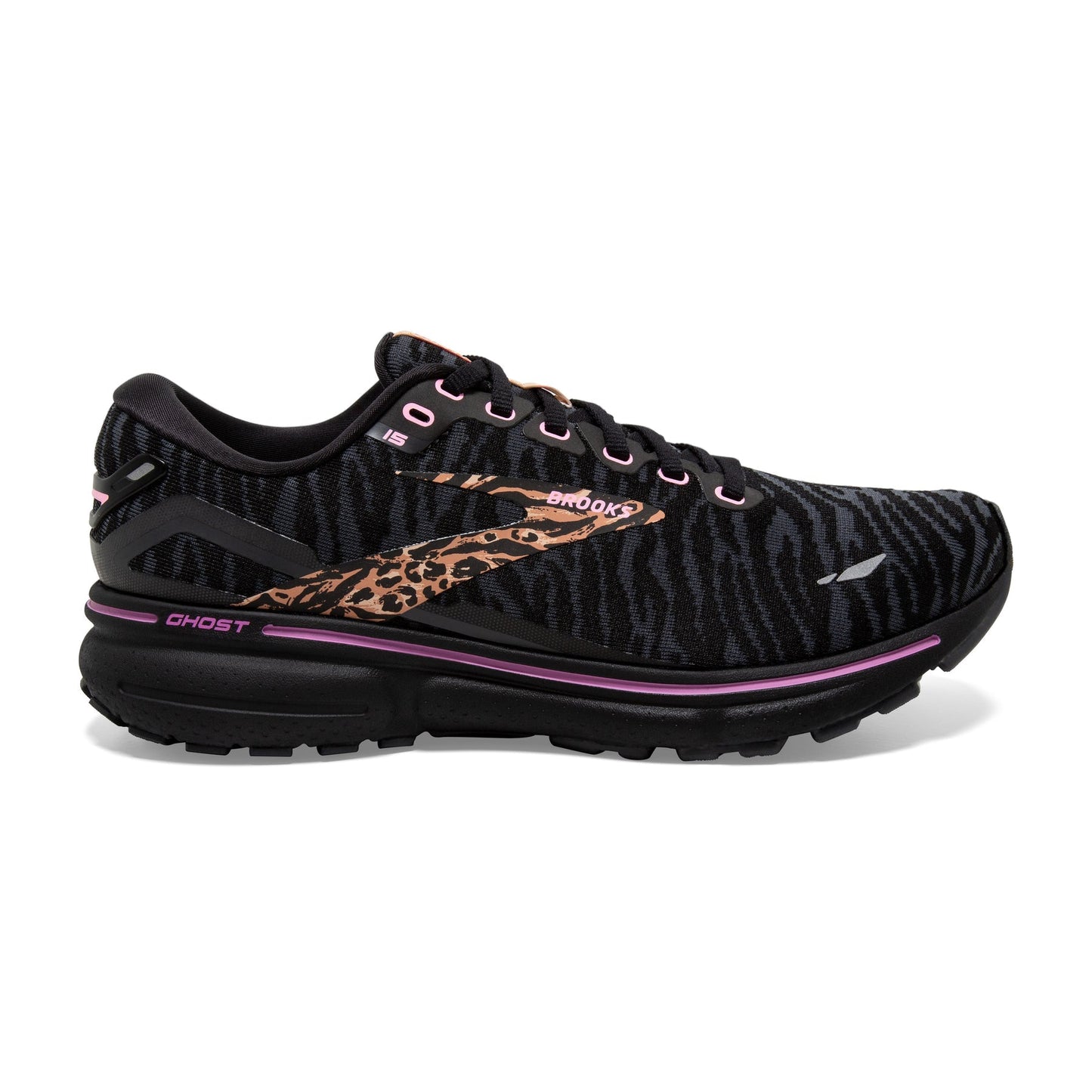 Women's Brooks Ghost 15, Black/Spring Crocus/Sunburn, 6.5 B Medium