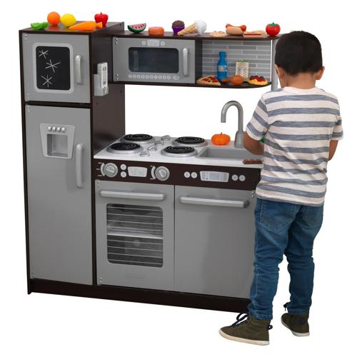 KidKraft Uptown Espresso Wooden Play Kitchen and 30-Piece Play Food Accessories