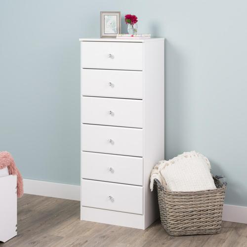 Prepac Astrid 6 Drawer Tall Dresser with Acrylic Knobs, White