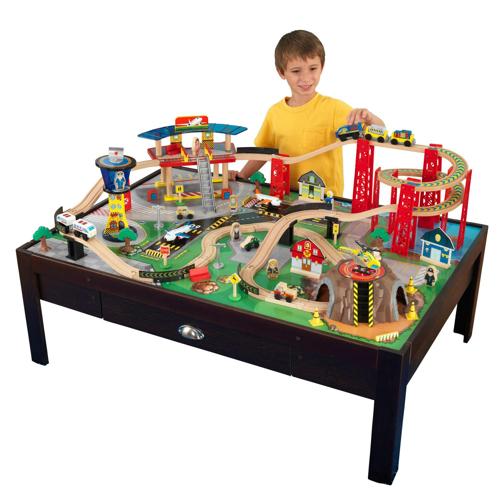 KidKraft Airport Express Espresso Wooden Train Set and Table with 91 Pieces, Storage Drawer