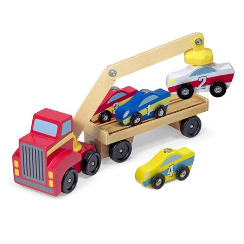 Melissa and Doug Magnetic Car Loader Wooden Toy Set With 4 Cars and 1 Semi-Trailer Truck