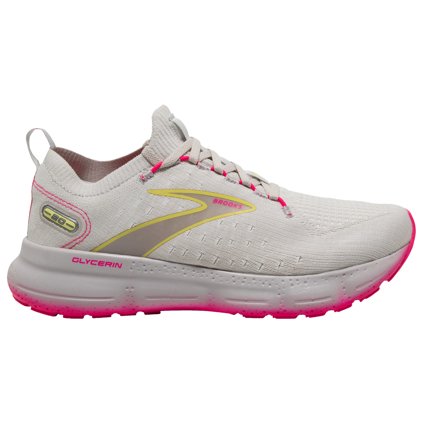 Women's Brooks Glycerin StealthFit 20, Grey/Yellow/Pink, 7.5 B Medium
