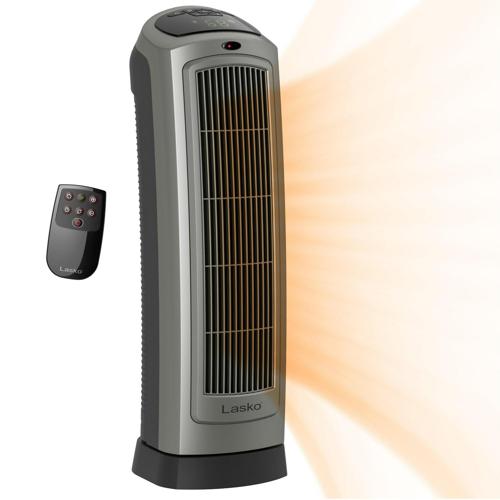 Lasko 1500W Electric Portable Oscillating Ceramic Space Heater Tower with Digital Display, 5538, Gray