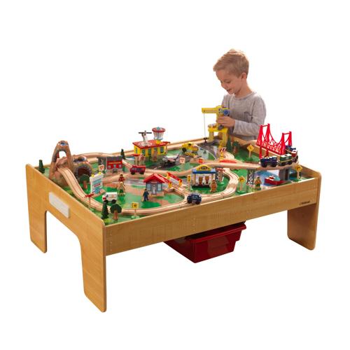 KidKraft Adventure Town Railway Wooden Train Set and Table, 120 Accessories and Storage Bins