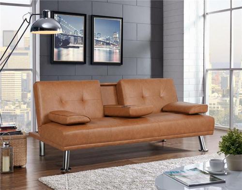 LuxuryGoods Modern Faux Leather Futon with Cupholders and Pillows, Brown
