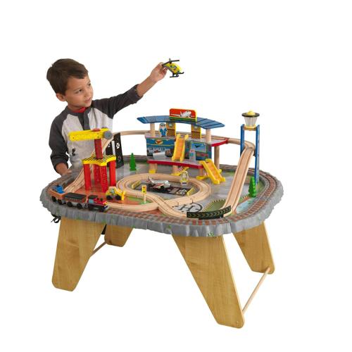 KidKraft Transportation Station Wood Train Set and Table with Airport, Helicopter, 58 Pieces