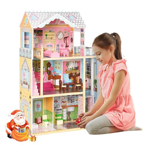 Dreamy Doll House for Girl, Aukfa Kids Wooden Dollhouse Set with 10 Pieces of Furniture, Large Gabbys Dollhouse in Pink Christmas Birthday Gift for Parent-child Interactive Game, Age 3+ Toys