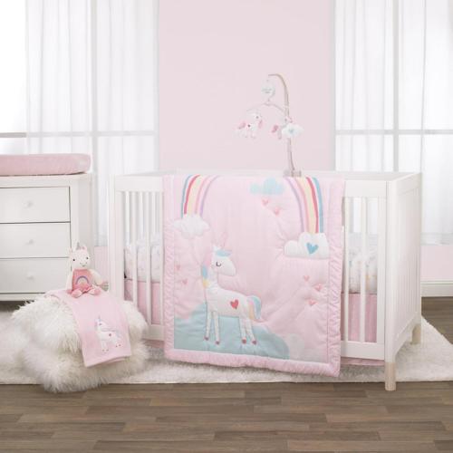 Little Love by NoJo Rainbow and Unicorn Pink, Aqua, Yellow and White 3 Piece Crib Nursery Bedding Set - Comforter, Fitted Crib Sheet, Dust Ruffle, Girl