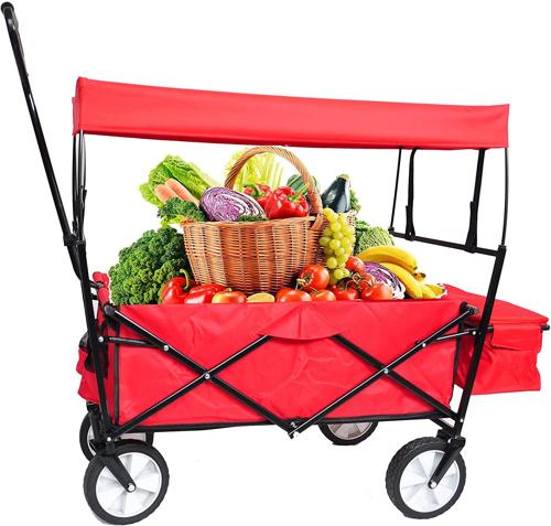 SUGIFT Collapsible Wagon Folding Garden Cart w/Removable Canopy, Red