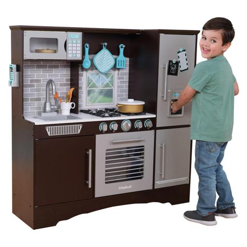 KidKraft Culinary Play Wooden Kitchen in Espresso and Stainless-Steel Look with 4 Accessory Pieces