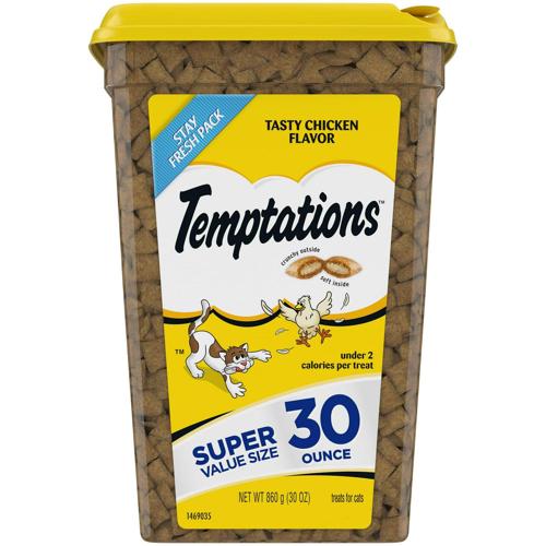 TEMPTATIONS Classic Crunchy and Soft Cat Treats Tasty Chicken Flavor, 30 oz. Tub