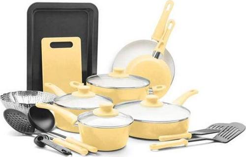 GreenLife 18-Piece Soft Grip Toxin-Free Healthy Ceramic Non-Stick Cookware Set, Yellow, Dishwasher Safe