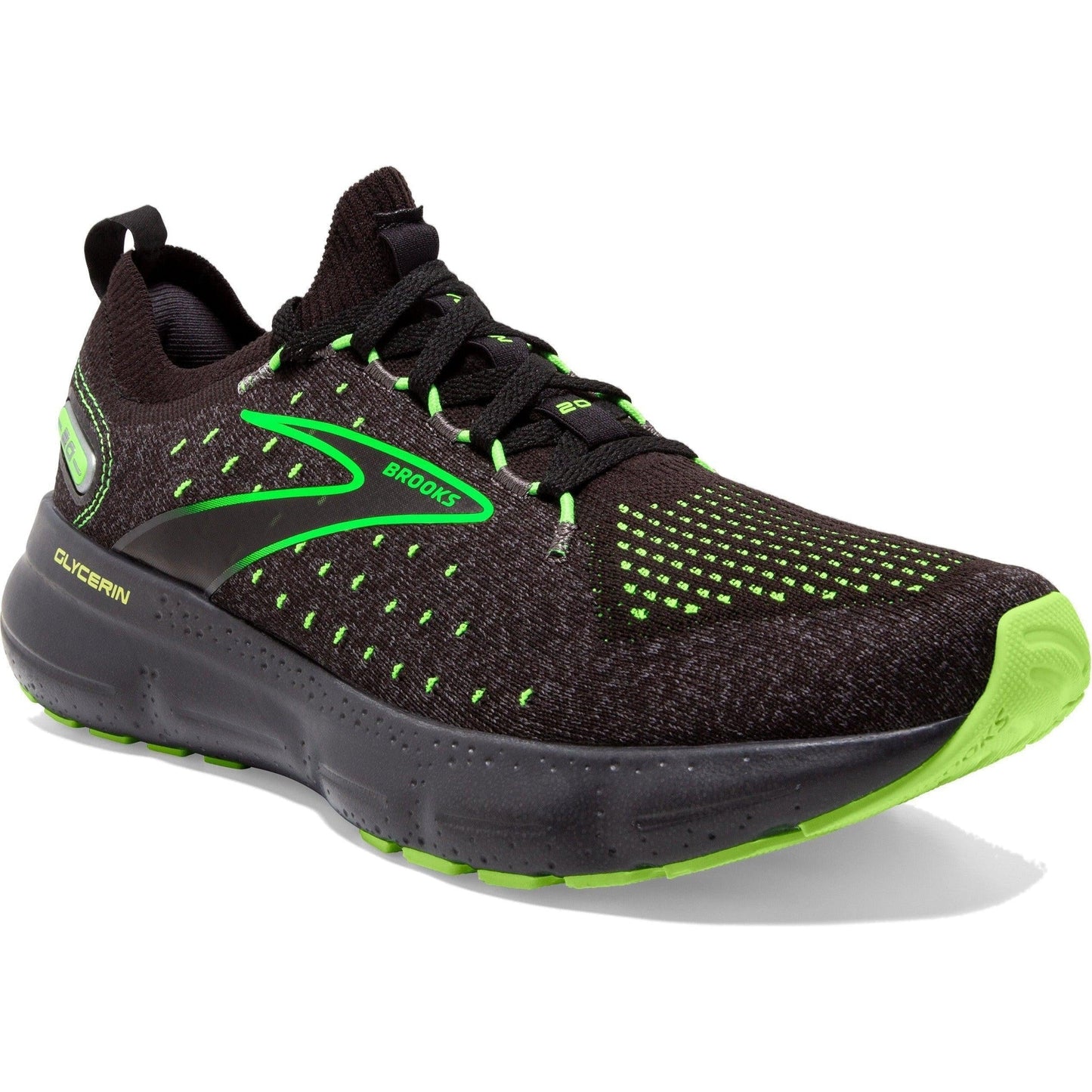 Men's Brooks Glycerin StealthFit 20, Black/Pearl/Green Gecko, 12 D Medium