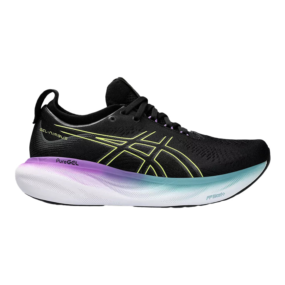 Women's Asics Gel-Nimbus 25, Black/Glow Yellow, 10.5 D Wide