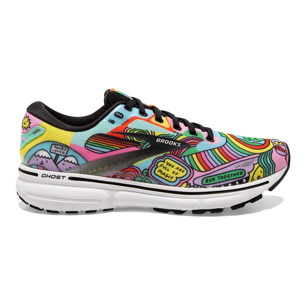Women's Brooks Ghost 15, Black/White/Multi, 8.5 B Medium
