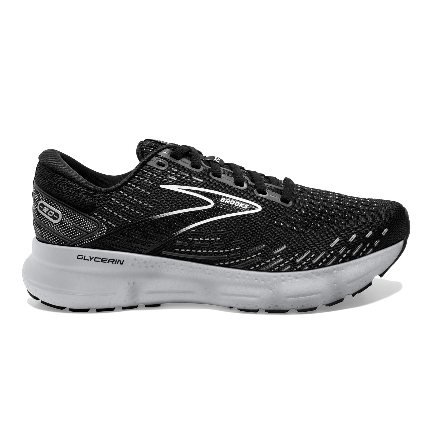 Women's Brooks Glycerin 20, Black/White/Alloy, 9 D Wide
