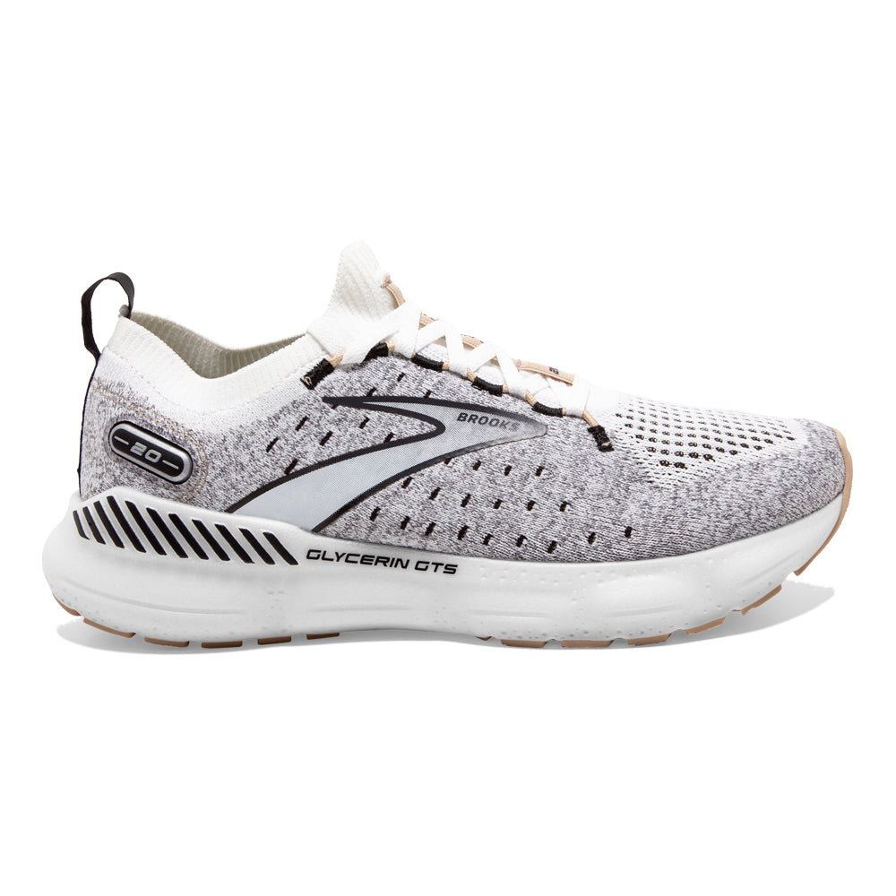 Women's Brooks Glycerin StealthFit GTS 20, White/Black/Cream, 7 B Medium