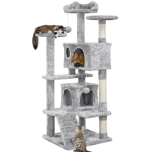 SmileMart 54.5 Double Condo Cat Tree with Scratching Post Tower, Light Gray