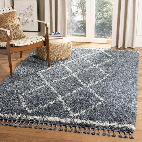 SAFAVIEH Pro Lux Akilah Aztec Fringe Shag Area Rug, Cream/Blue, 4'*6'