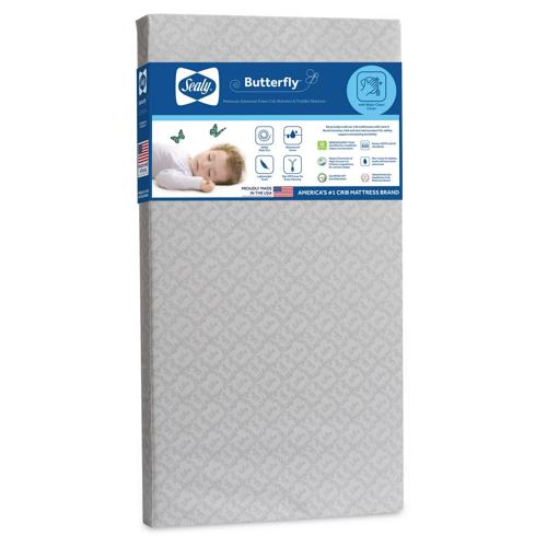 Sealy Butterfly, Superior Firm Crib Mattress and Toddler Mattress in a Box, Gray Quilt