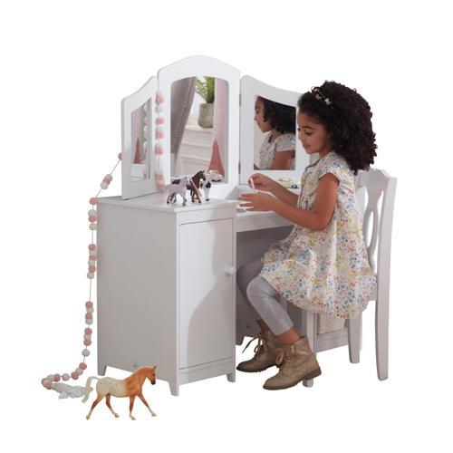 KidKraft Wooden Deluxe Vanity and Chair with Triple Mirror and Shelves, White