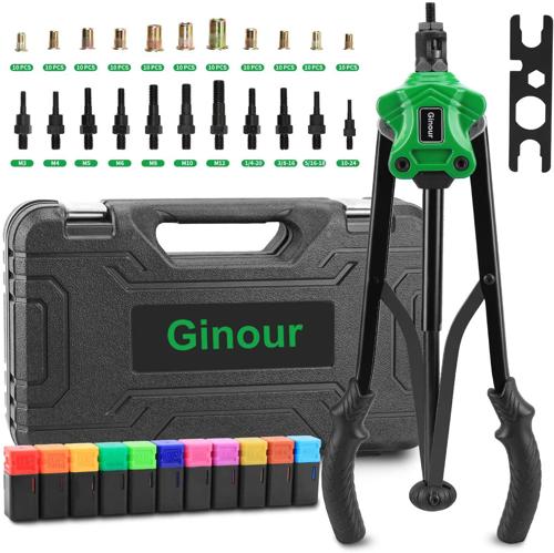 Ginour Rivet Nut Tool, 17" Versatile Riveters Kit with 11 Metric and SAE Mandrels, 110pcs Nuts, Rivet Setter Kit with Carry Case and Auto Release Nut Design