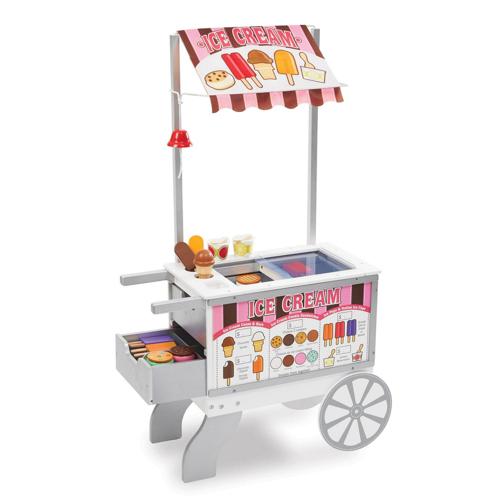Melissa and Doug Wooden Snacks and Sweets Food Cart - 40+ Play Food pcs, Reversible Awning