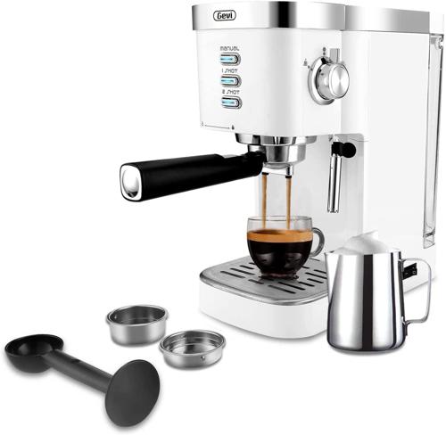Gevi White Espresso Machine 20-Bar New Latte Cappuccino Maker with Frother, 1.25 L