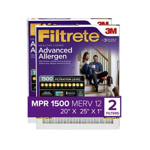 Filtrete by 3M 20x25x1, MERV 12, Allergen, Bacteria and Virus HVAC Air and Furnace Filter, 1500 MPR, 2 Filters