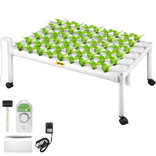 VEVOR Hydroponic Site Grow Kit 1 Layer 54 Plant Sites, 6 PVC Pipes Hydroponic Indoor Plant Growing System, Food-Grade Pipe Plant Grow Kit with Water Pump and Timer