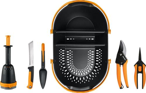 Fiskars Food Gardening Tools Bundle, 6 Pieces, Includes Soil Block Maker, Harvesting Knife, Seed Trowel, Harvest Basket, Pruner, and Snips