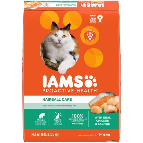 IAMS PROACTIVE HEALTH Adult Hairball Care Protein-Rich Hairball Control Dry Cat Food with Chicken and Salmon, 16 lb. Bag