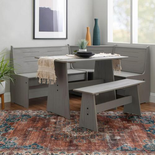 Linon Wickford Corner Dining Breakfast Nook Set with Storage, Table, and Bench, Table, and Bench, Seats 5-6, Gray Finish