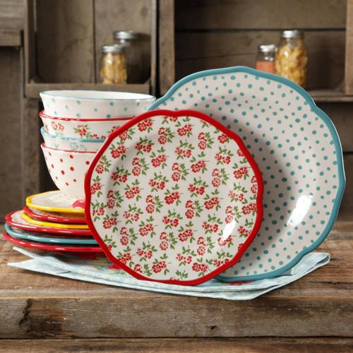 The Pioneer Woman Timeless Floral and Retro Dot 12-Piece Dinnerware Set