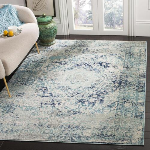 SAFAVIEH Madison Willoughby Overdyed Floral Area Rug, Ivory/Blue, 4'*6'