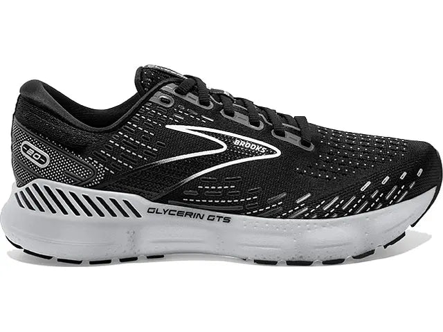 Women's Brooks Glycerin GTS 20, Black/White/Alloy, 6 D Wide