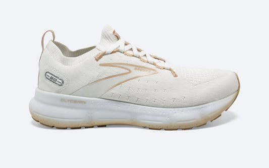 Women's Brooks Glycerin StealthFit 20, White/Khaki, 8 B Medium