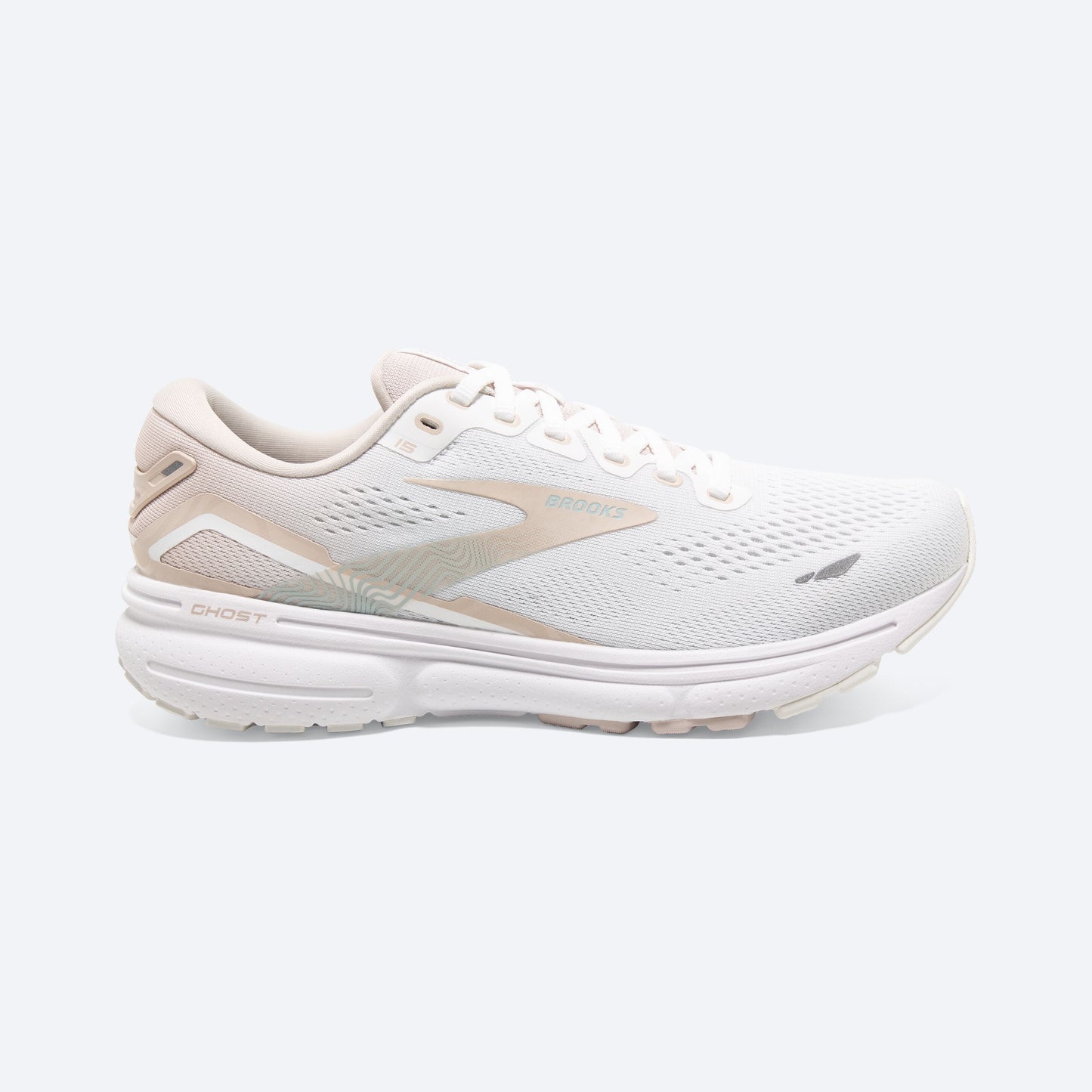 Women's Brooks Ghost 15, White/Crystal Grey/Glass, 8 B Medium