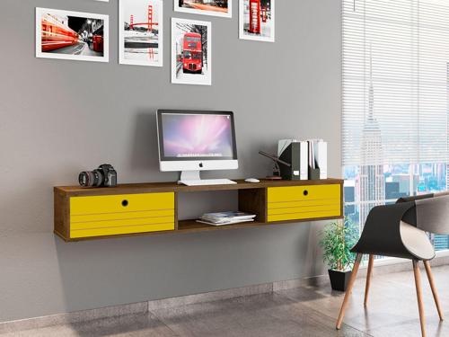 Manhattan Comfort 226BMC94 Liberty Mid-Century Modern Floating Office Desk with 3 Shelves in Rustic Brown and Yellow, 11.81*62.99*9.05 in.