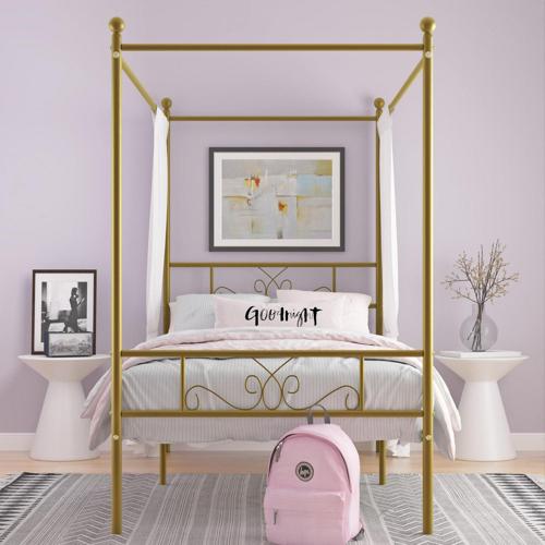 Teraves Metal Canopy Bed Frame Twin Size 4-Post Bed Sturdy Platform Replacement with Slats for Kids Boys Girls