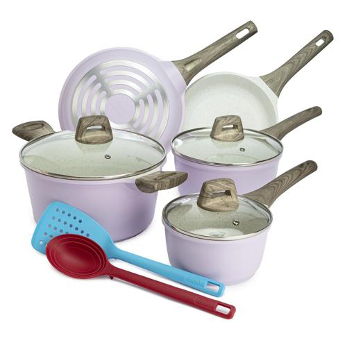Tasty Cast Aluminum Cookware Set with Smart Heat Base, Dishwasher Safe, Lilac, 10 Piece