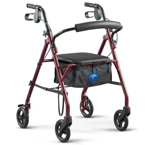Medline Steel Rollator Walker, Folding Rolling Walker, 6 Wheels, 350lb Weight Capacity, Burgundy Red Frame