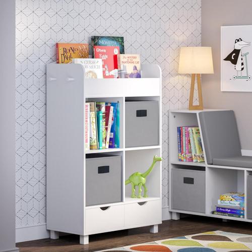 RiverRidge Home Book Nook Kids 1-Shelf 4-Cubby 2-Drawer Storage Cabinet with Bookrack -2pc Gray Bin Set