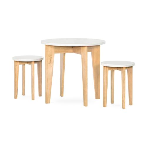 Forever Eclectic Geo Kids Round Wood Table and Chair Set (2 Stools Included), White and Natural
