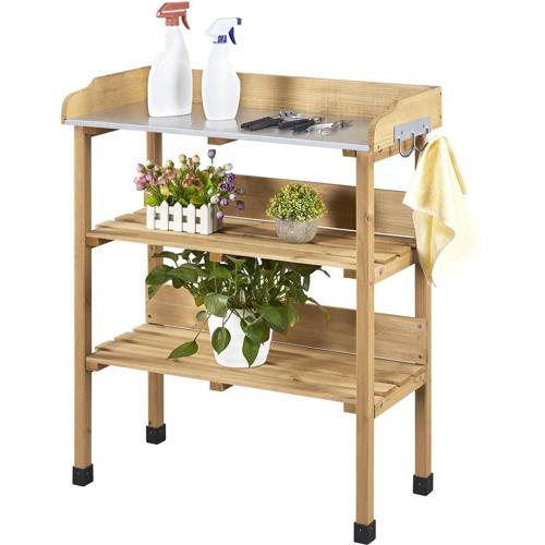 Easyfashion Outdoor Potting Bench Table with Storage Shelf, Natural Wood