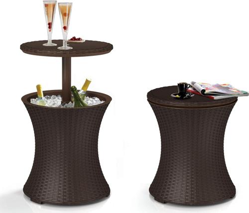Keter Pacific 7.5 Gallon Cool Bar , Resin Outdoor Patio Beverage Cooler Table, Extra Storage, Rattan Look Brown