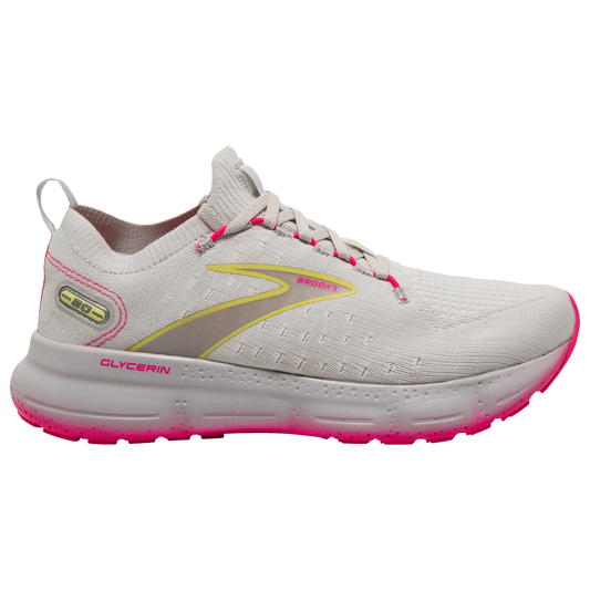 Women's Brooks Glycerin StealthFit 20, Grey/Yellow/Pink, 7 B Medium