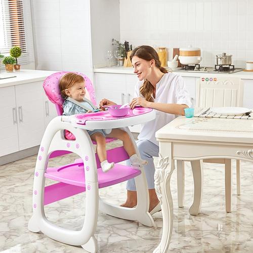 Hommoo 3 in 1 Baby High Chair, Convertible Play Table and Chair Set for Toddler, Adjustable Seat Back, Pink